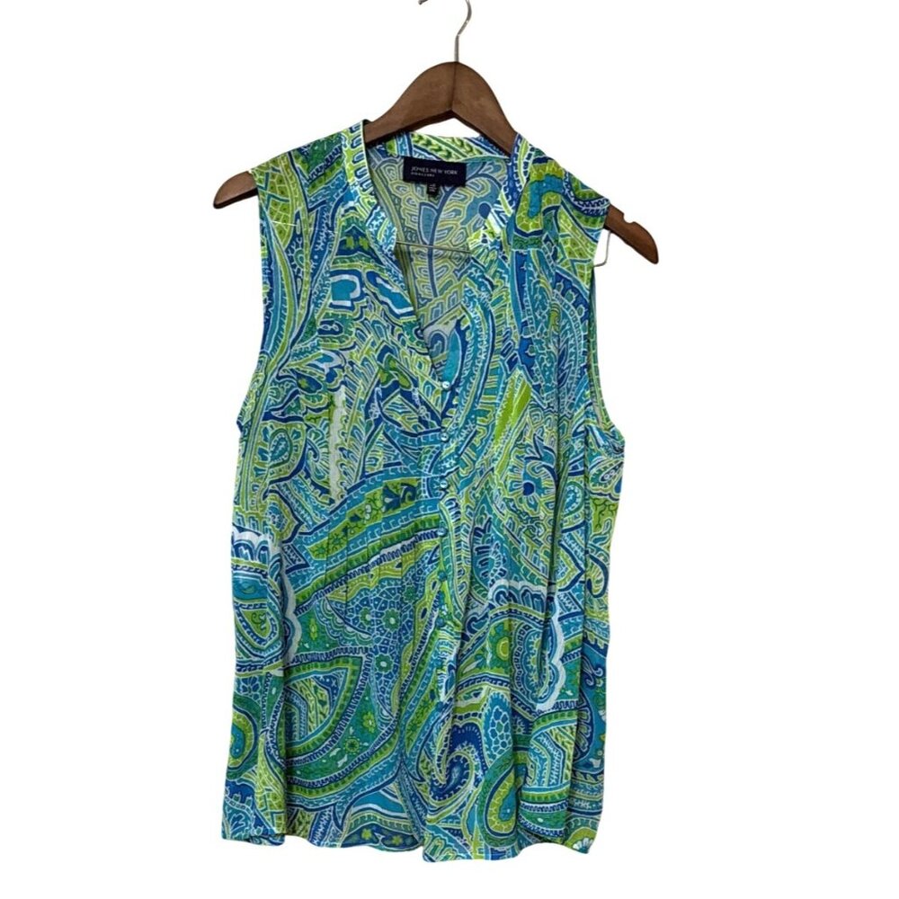 Jones New York Signature Womens Sleeveless Top Paisley Print Blue & Green Large‎